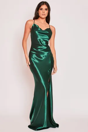Aurora - Dark Green Satin Backless Cowl Neck Evening Dress