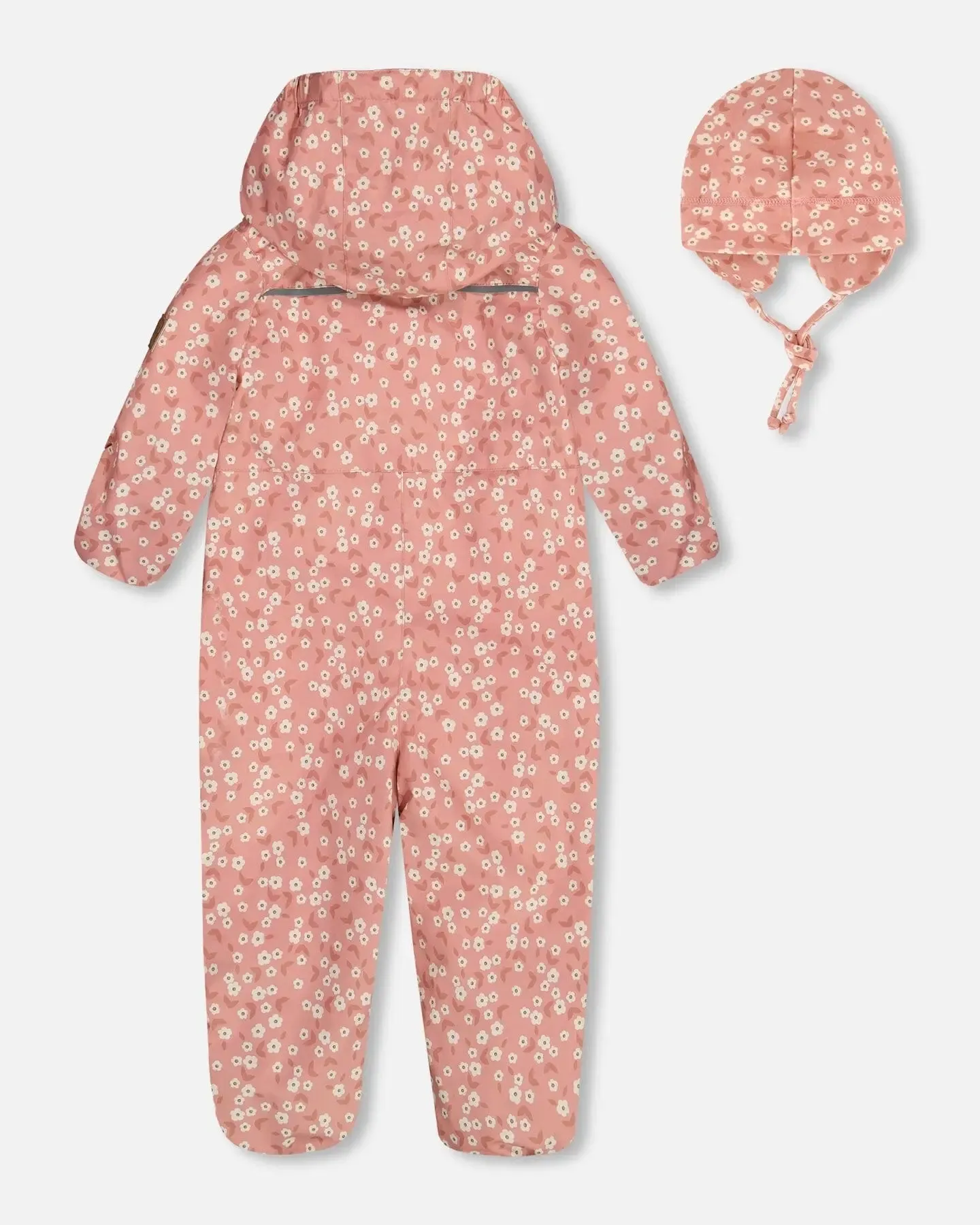 Baby Printed Mid-Season One-Piece Outerwear With Hat Small White Flowers On Pale Pink