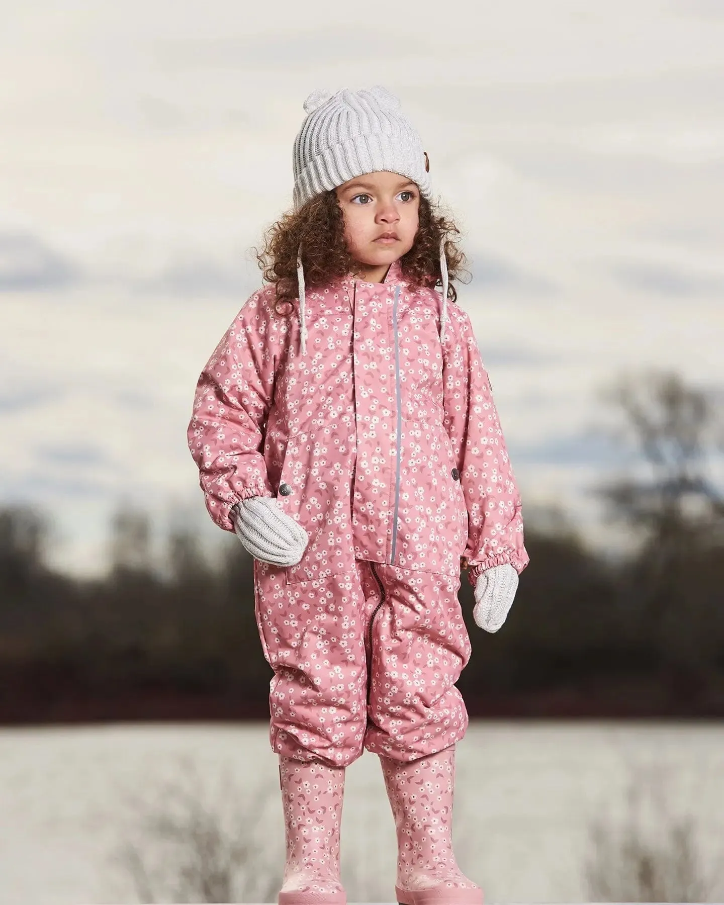 Baby Printed Mid-Season One-Piece Outerwear With Hat Small White Flowers On Pale Pink