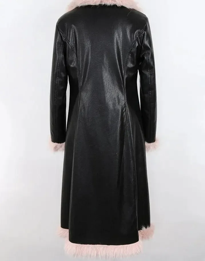 Black Pink Dual Color Thick Warm PU Leather Long Trench Coat