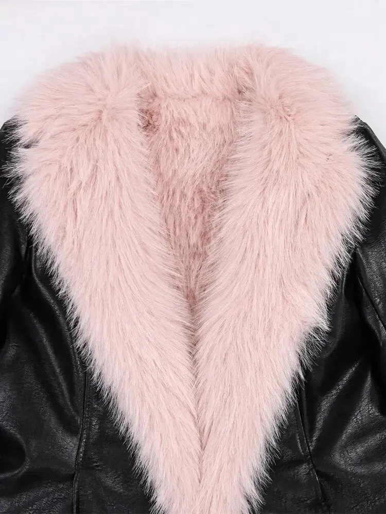 Black Pink Dual Color Thick Warm PU Leather Long Trench Coat