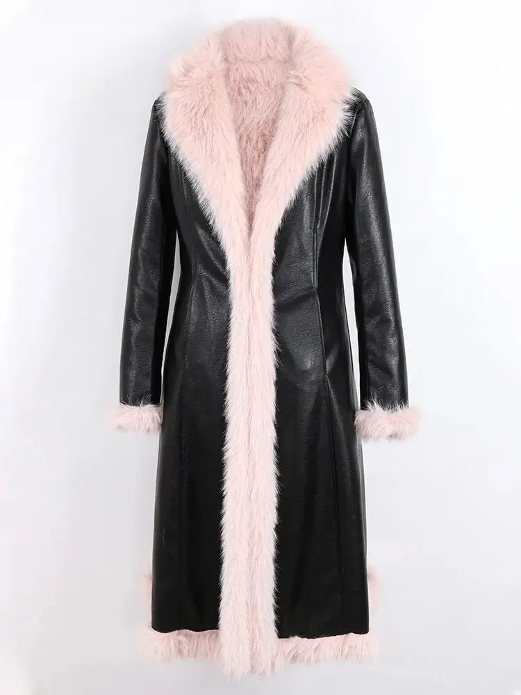 Black Pink Dual Color Thick Warm PU Leather Long Trench Coat
