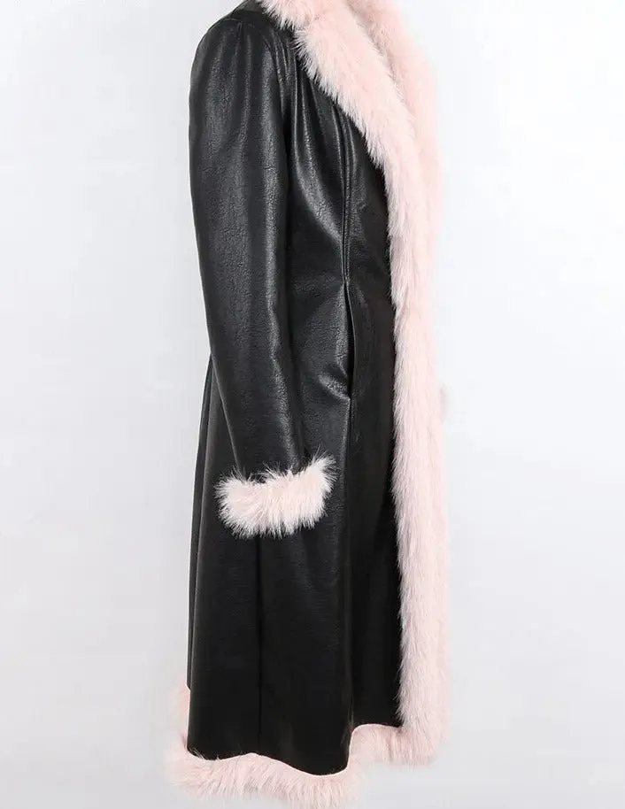 Black Pink Dual Color Thick Warm PU Leather Long Trench Coat