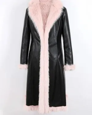 Black Pink Dual Color Thick Warm PU Leather Long Trench Coat