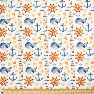 Blue Sea Collection #05 Lighthouse, Anchor, Wheel & Sea Life on White Cotton Prints