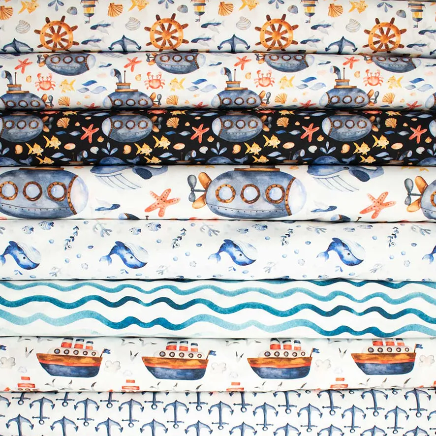 Blue Sea Collection #07 Small Submarine & Sea Life on Black Cotton Prints