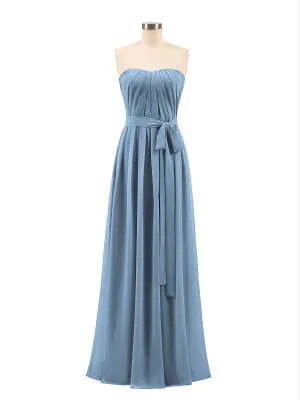 Chiffon Strapless Bridesmaid Gown with Sash-Slate Blue Plus Size