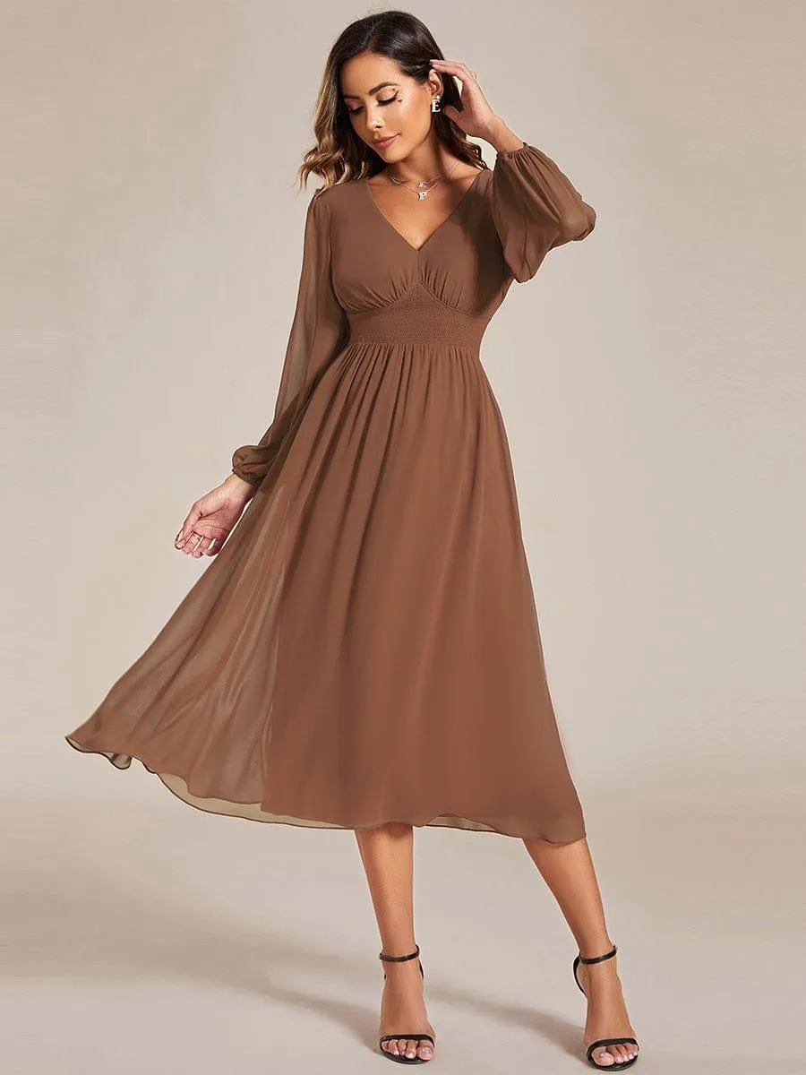 Chiffon V-Neck Long Sleeves Elastic Band Midi Wedding Guest Dress