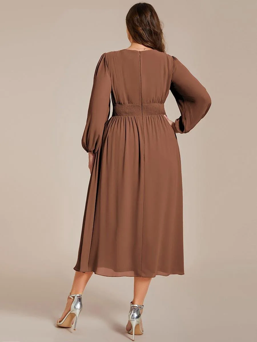 Chiffon V-Neck Long Sleeves Elastic Band Midi Wedding Guest Dress
