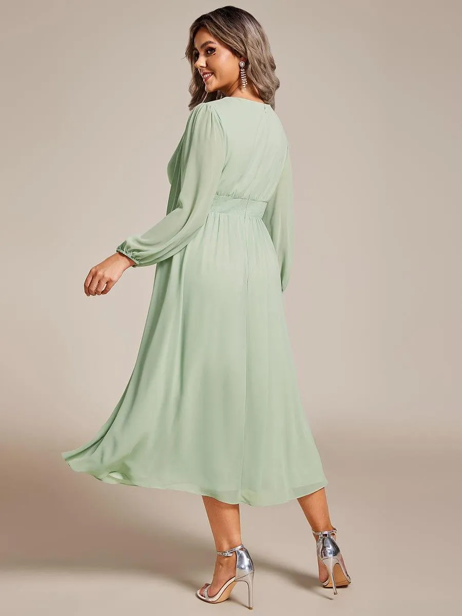 Chiffon V-Neck Long Sleeves Elastic Band Midi Wedding Guest Dress