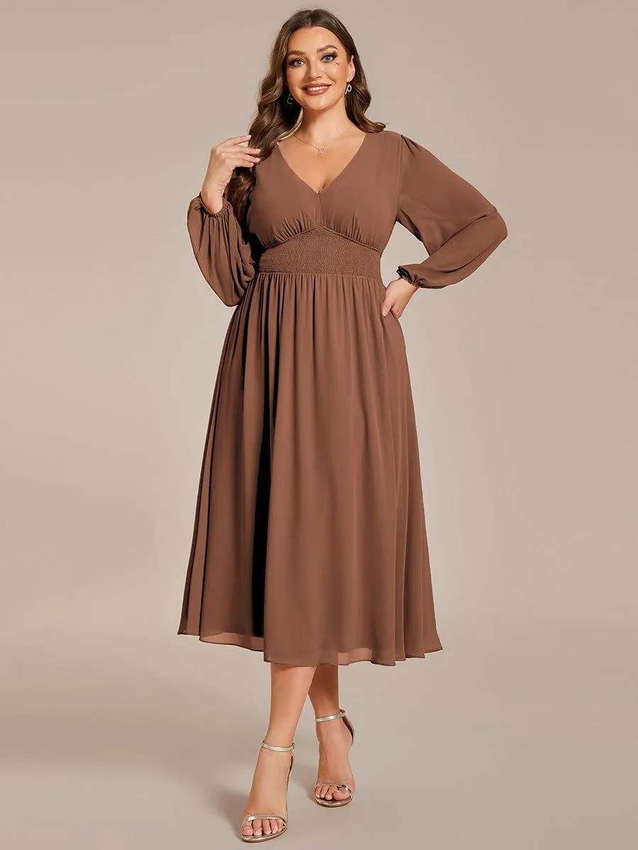 Chiffon V-Neck Long Sleeves Elastic Band Midi Wedding Guest Dress
