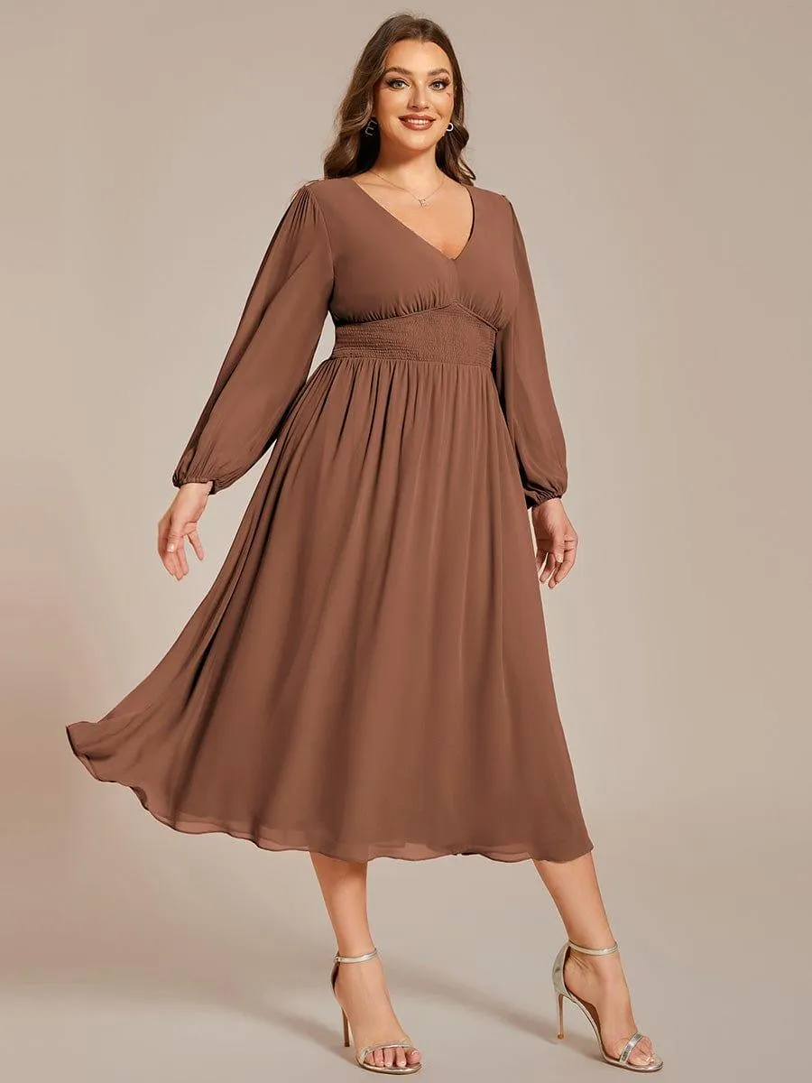 Chiffon V-Neck Long Sleeves Elastic Band Midi Wedding Guest Dress