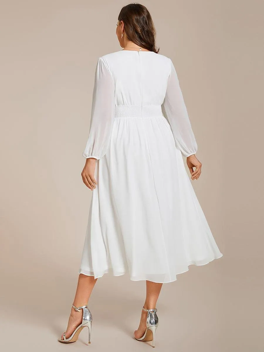 Chiffon V-Neck Long Sleeves Elastic Band Midi Wedding Guest Dress