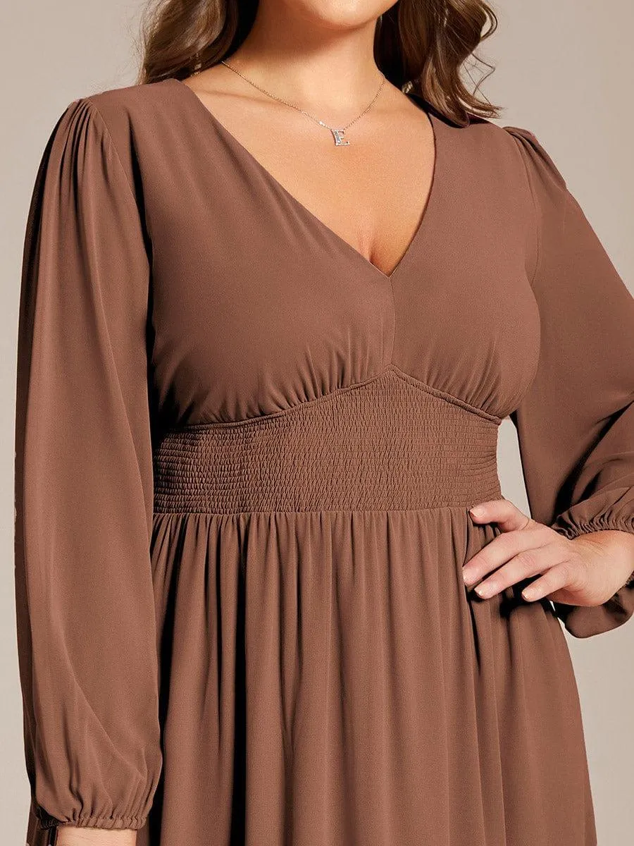 Chiffon V-Neck Long Sleeves Elastic Band Midi Wedding Guest Dress