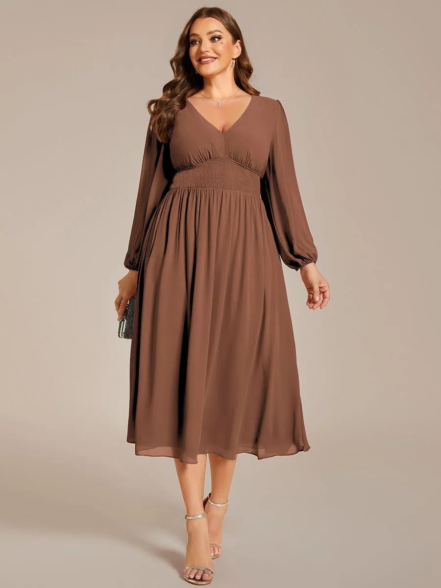 Chiffon V-Neck Long Sleeves Elastic Band Midi Wedding Guest Dress