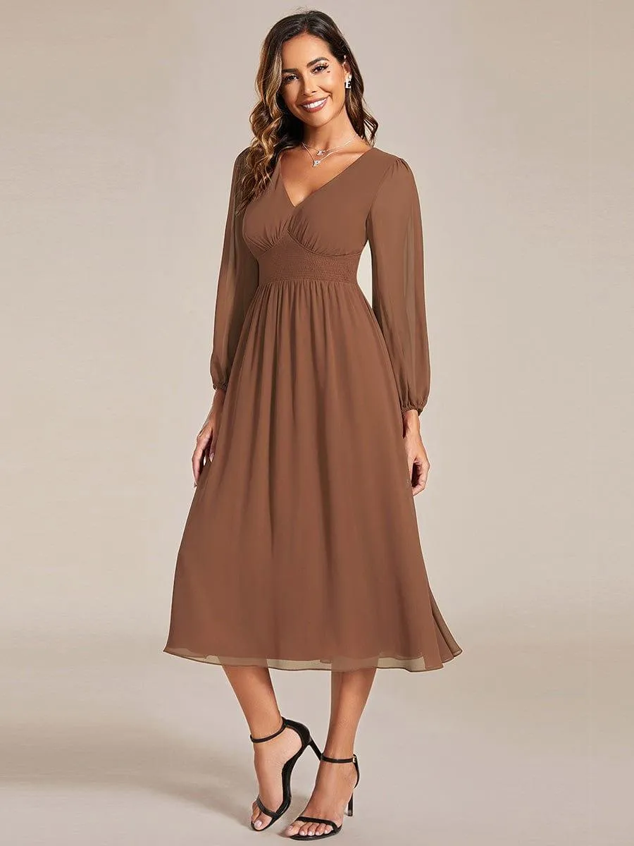 Chiffon V-Neck Long Sleeves Elastic Band Midi Wedding Guest Dress