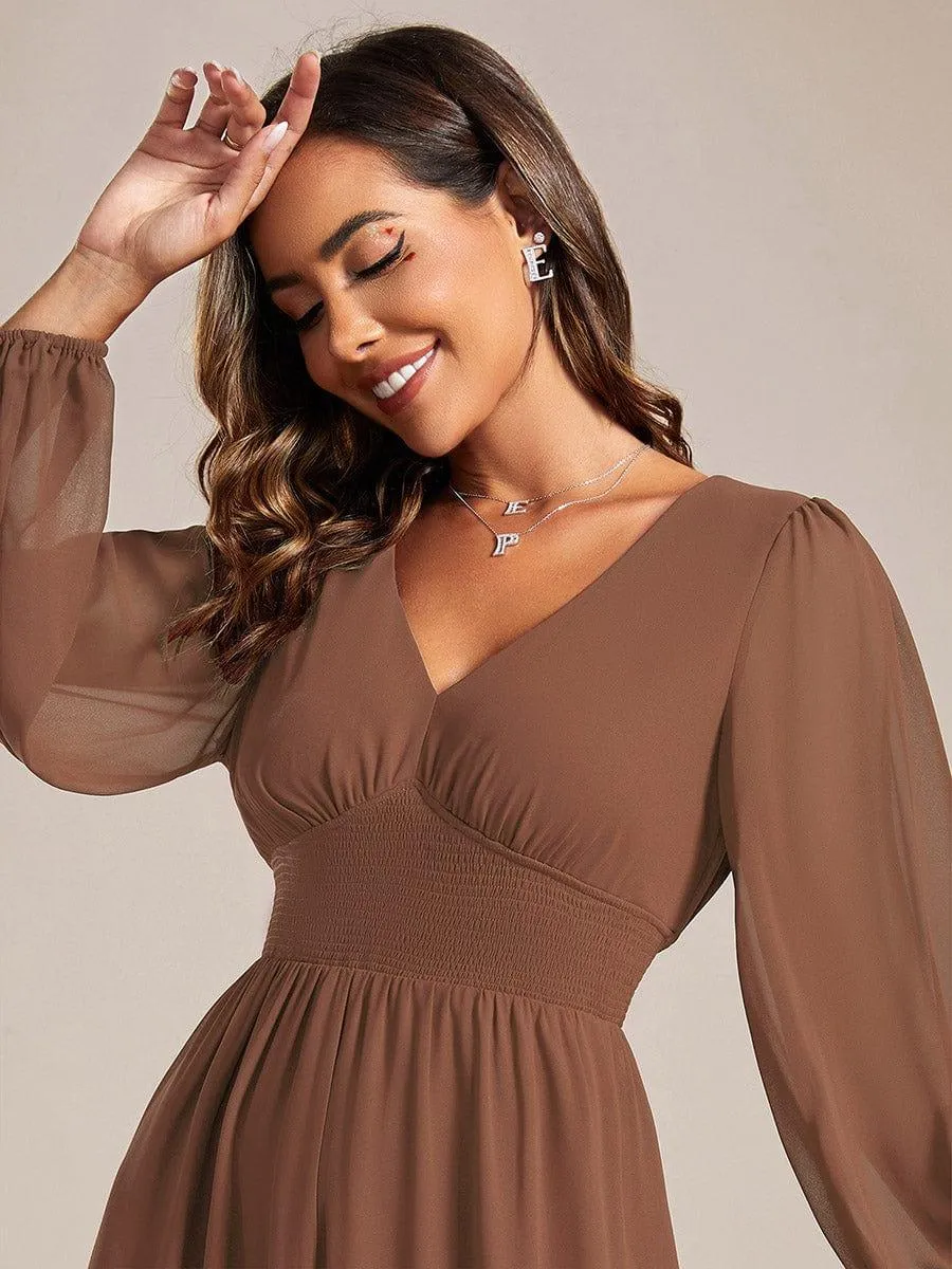 Chiffon V-Neck Long Sleeves Elastic Band Midi Wedding Guest Dress