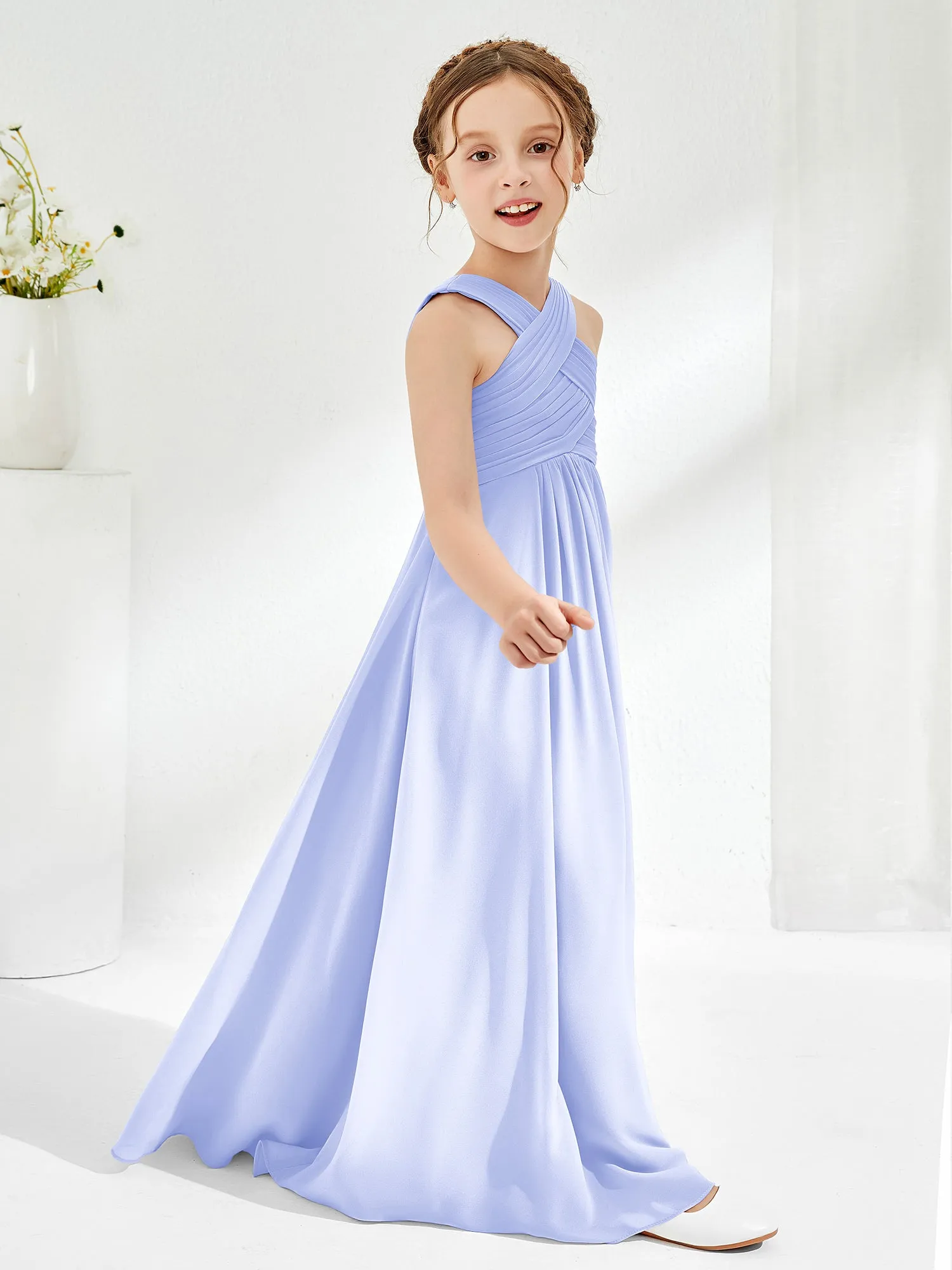 Cross Shoulder Strap Junior Bridesmaid Dresses with Empire Waist Lavender