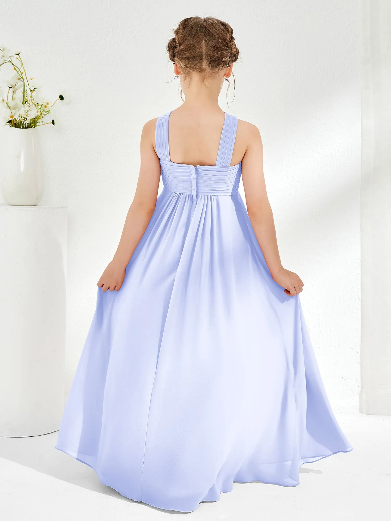 Cross Shoulder Strap Junior Bridesmaid Dresses with Empire Waist Lavender