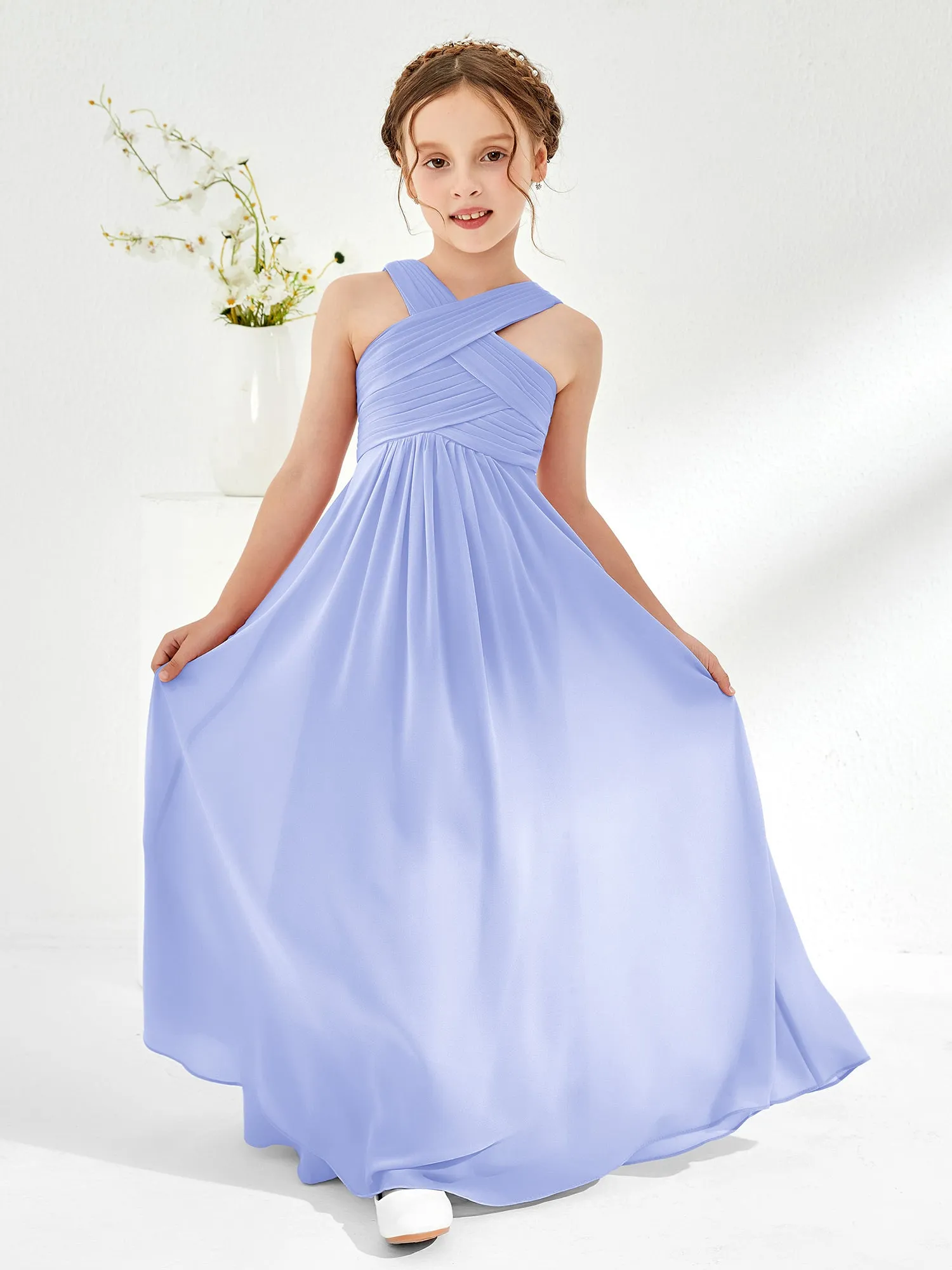 Cross Shoulder Strap Junior Bridesmaid Dresses with Empire Waist Lavender