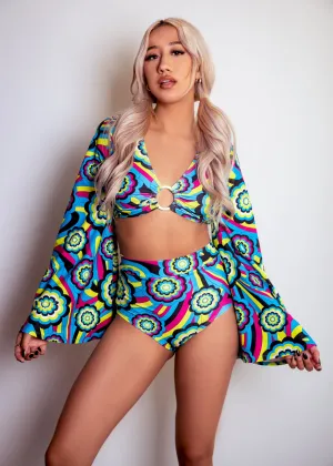 Disco Ring Top with Flare Sleeves in Blue Retro Flowers