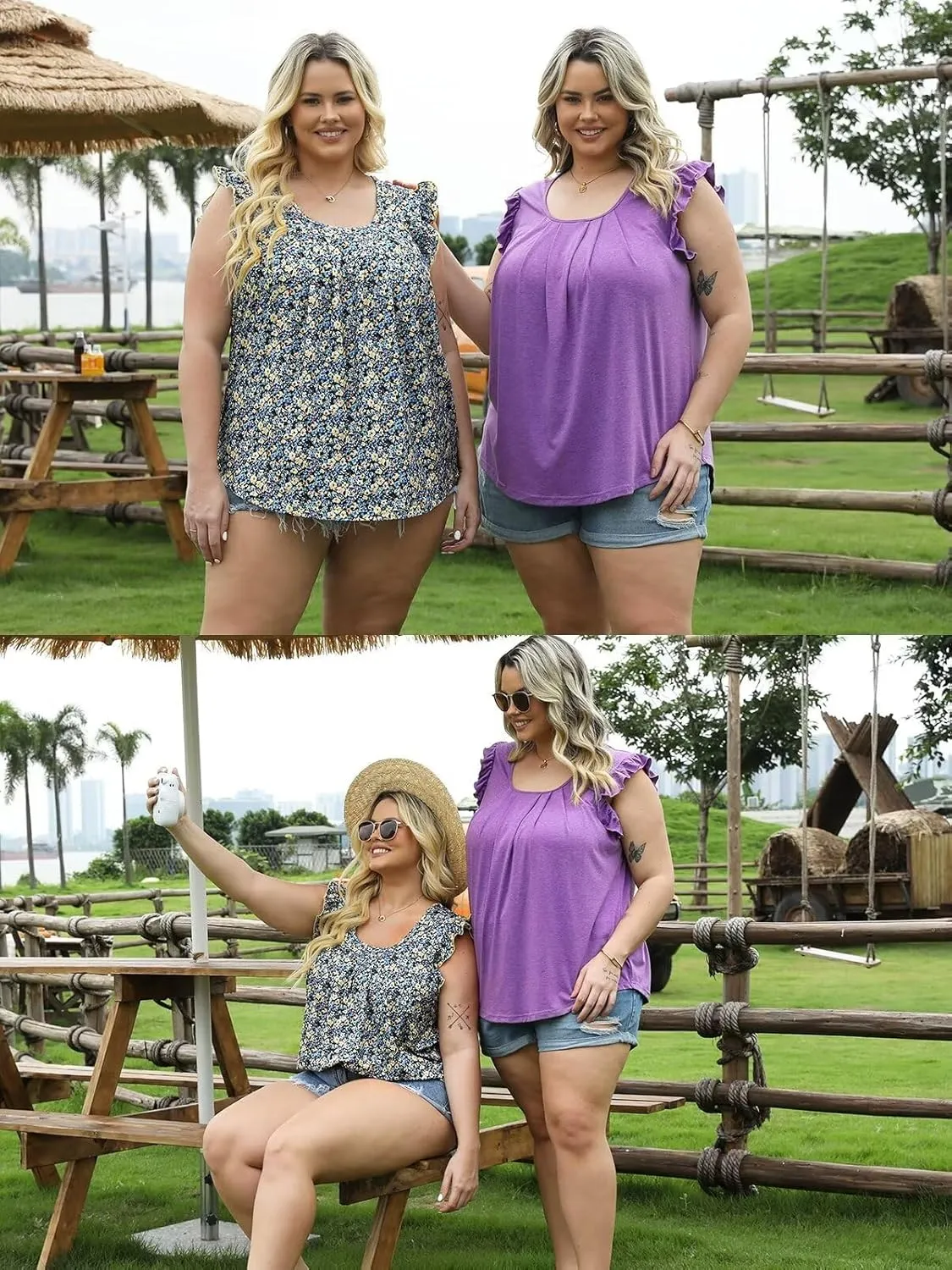 DOLNINE Plus Size Tank Tops for Women Summer Casual Scoop Neck Shirts Trendy Ruffle Cap Sleeve Tees