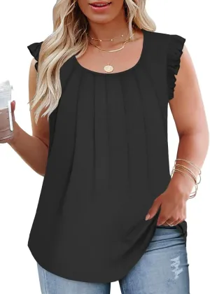 DOLNINE Plus Size Tank Tops for Women Summer Casual Scoop Neck Shirts Trendy Ruffle Cap Sleeve Tees