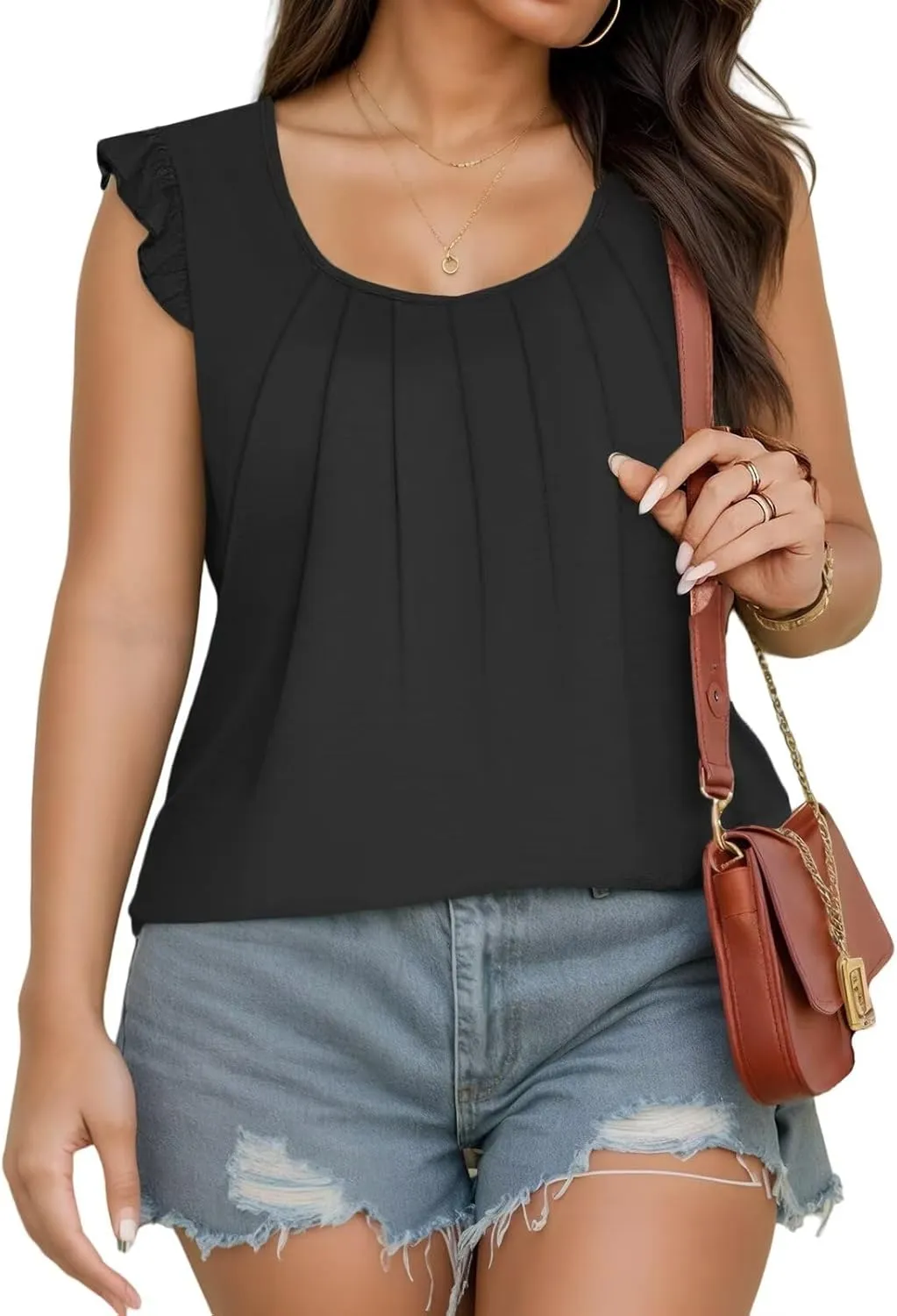 DOLNINE Plus Size Tank Tops for Women Summer Casual Scoop Neck Shirts Trendy Ruffle Cap Sleeve Tees