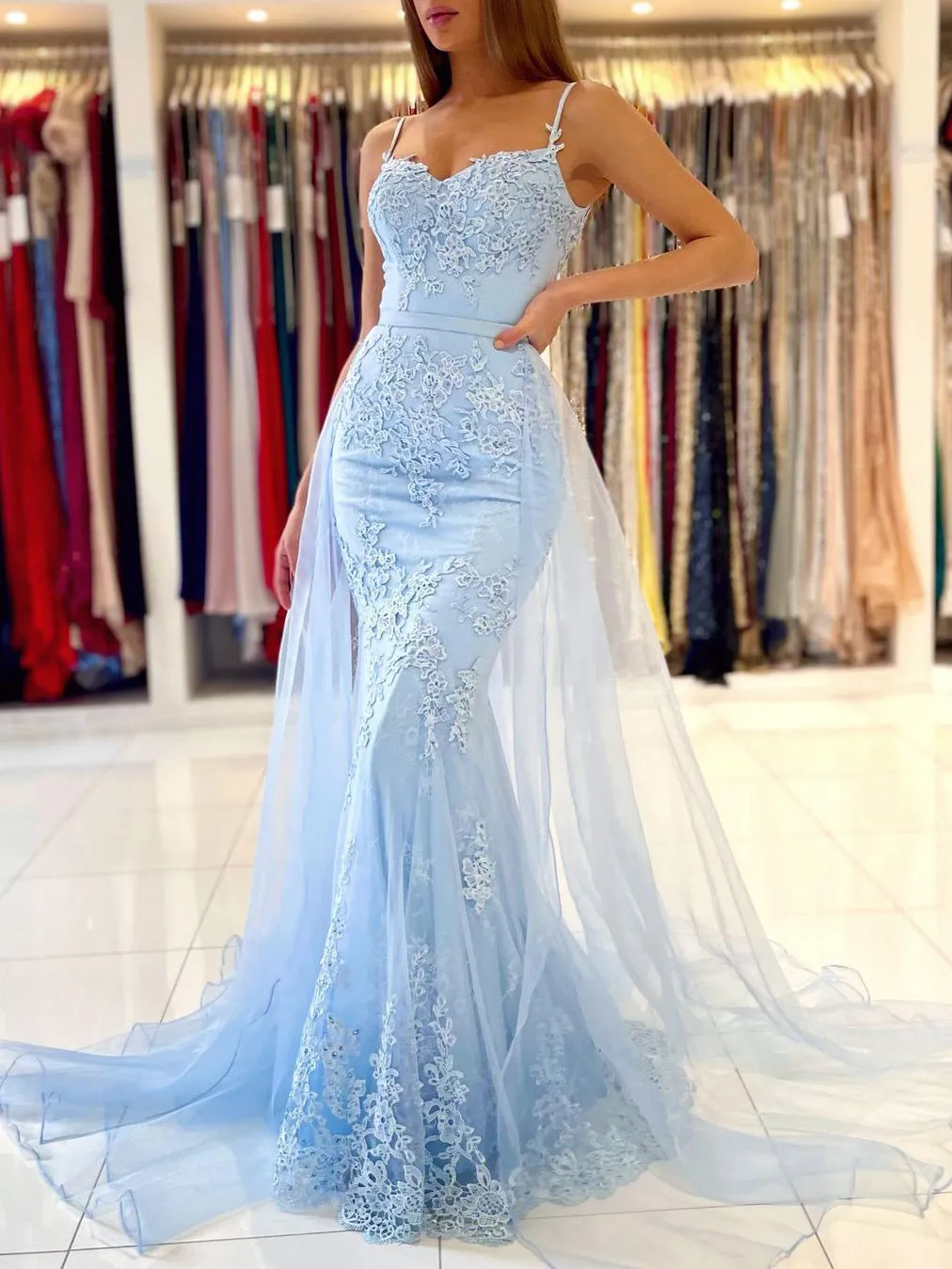 Elegant Rhinestones Appliqued Sheath Spaghetti Straps Tulle Prom Dresses PD577