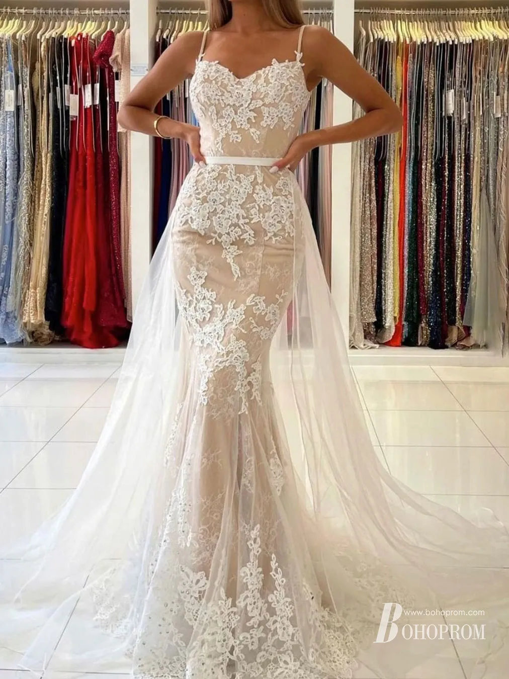 Elegant Rhinestones Appliqued Sheath Spaghetti Straps Tulle Prom Dresses PD577