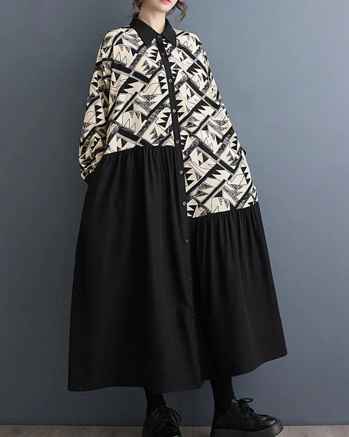 ellazhu Women's Button Down Patchwork Pattern Print Color Block Shirt Dress GZ130