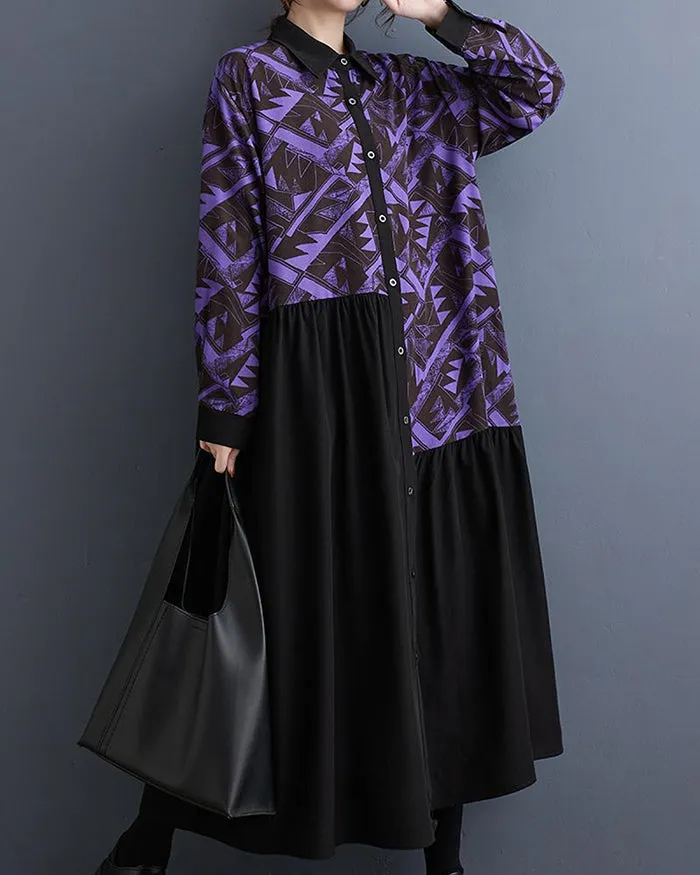 ellazhu Women's Button Down Patchwork Pattern Print Color Block Shirt Dress GZ130