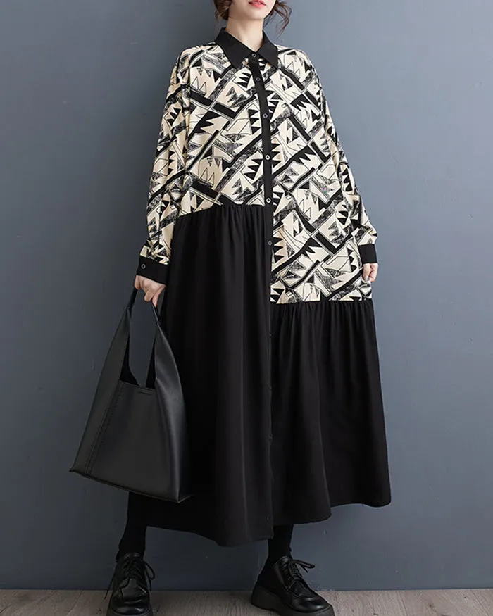 ellazhu Women's Button Down Patchwork Pattern Print Color Block Shirt Dress GZ130