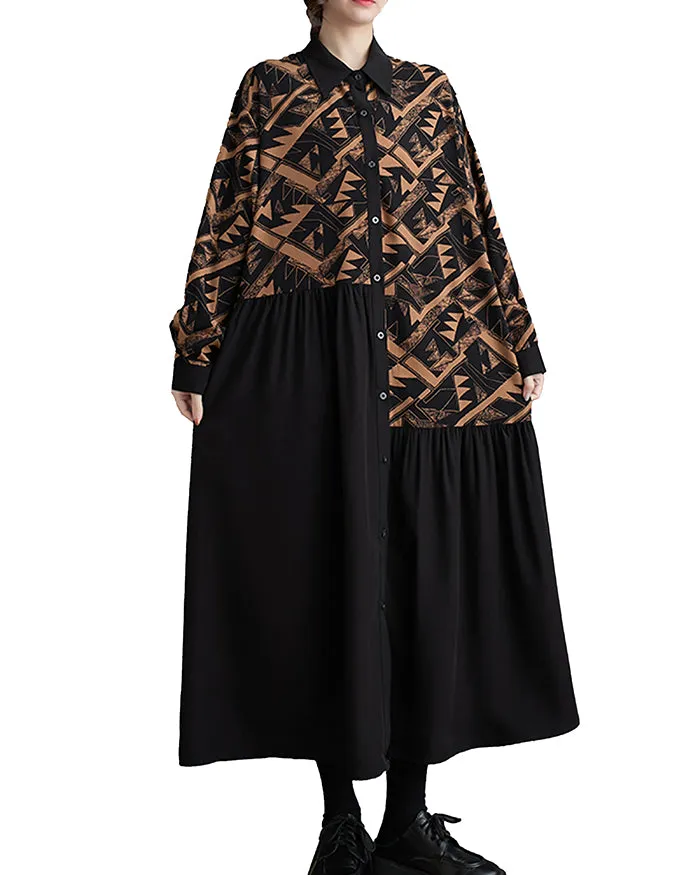 ellazhu Women's Button Down Patchwork Pattern Print Color Block Shirt Dress GZ130