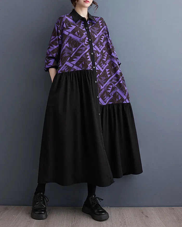 ellazhu Women's Button Down Patchwork Pattern Print Color Block Shirt Dress GZ130