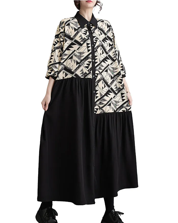 ellazhu Women's Button Down Patchwork Pattern Print Color Block Shirt Dress GZ130