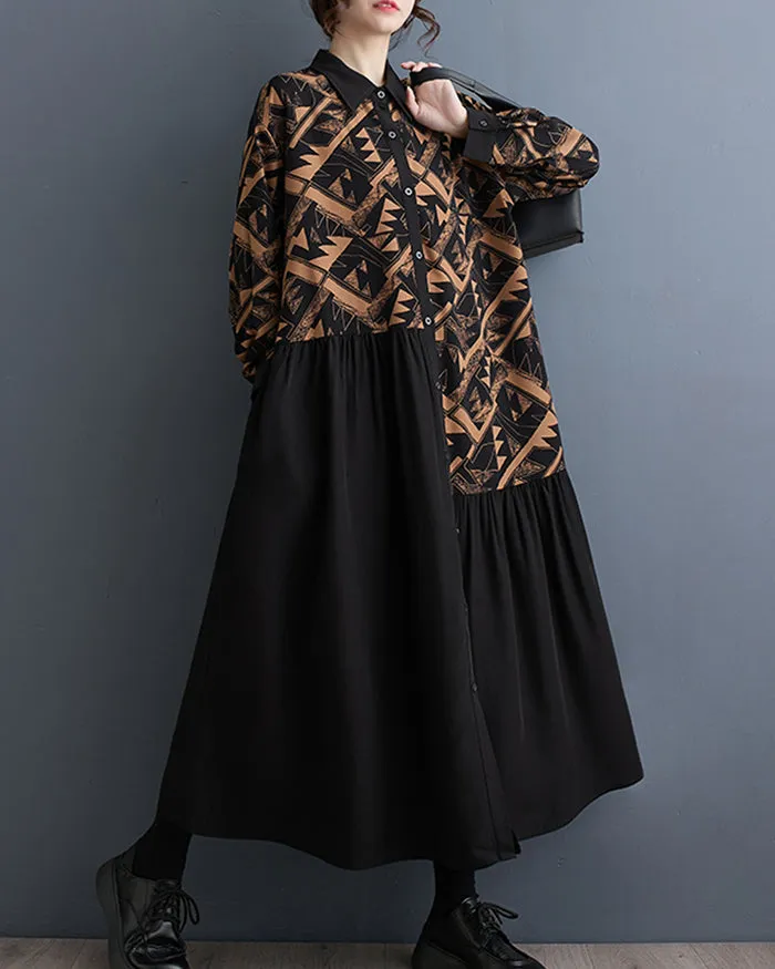 ellazhu Women's Button Down Patchwork Pattern Print Color Block Shirt Dress GZ130