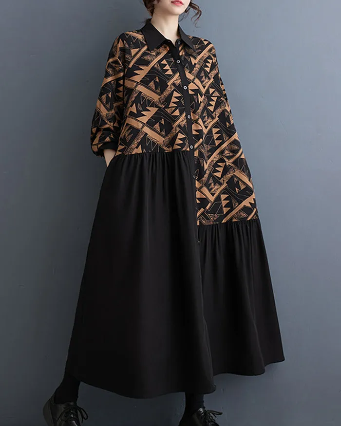 ellazhu Women's Button Down Patchwork Pattern Print Color Block Shirt Dress GZ130
