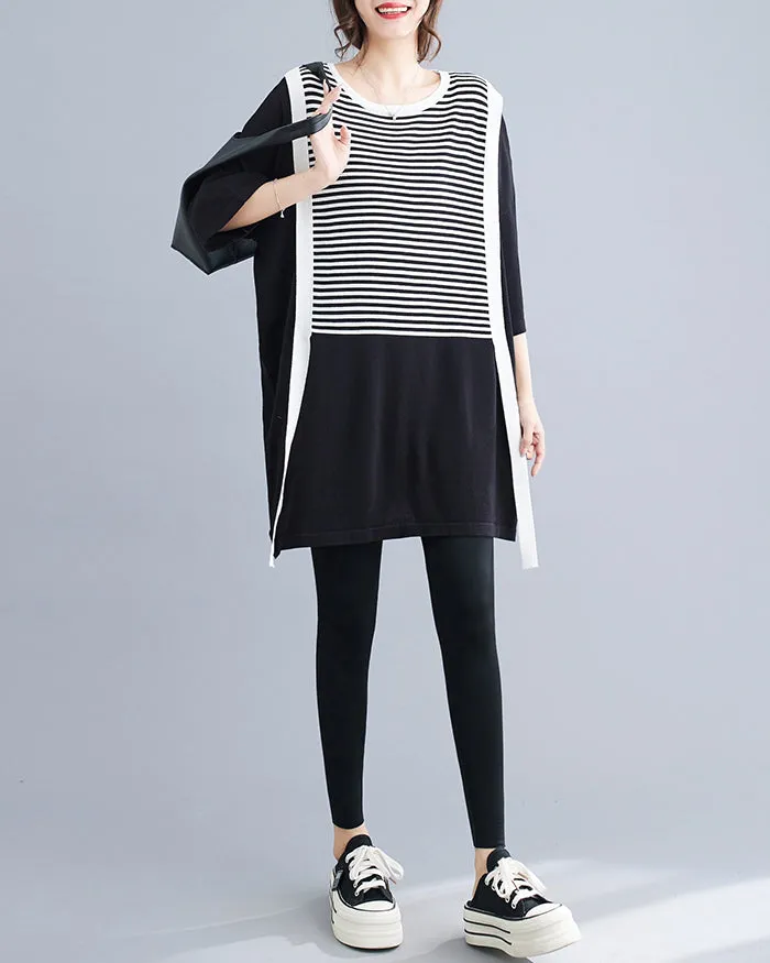 ellazhu Women's Half Sleeves Crewneck Stripe Patchwork Casual T-Shirt Dress GA2733 A