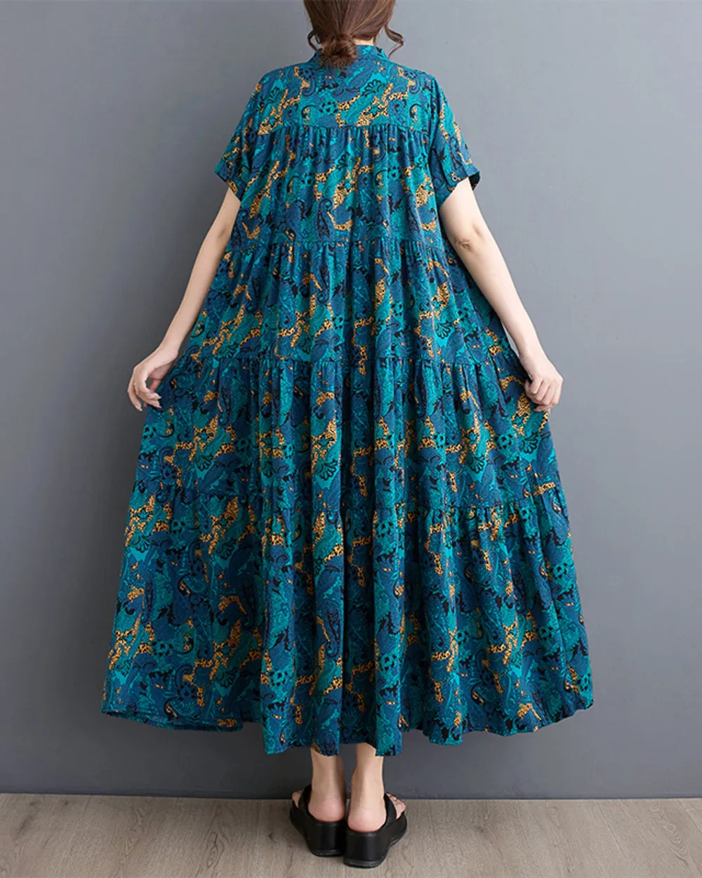 ellazhu Women's Short Sleeves Floral Print Maxi Length Casual Flowy Hem Dress GZ197