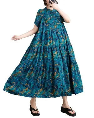 ellazhu Women's Short Sleeves Floral Print Maxi Length Casual Flowy Hem Dress GZ197