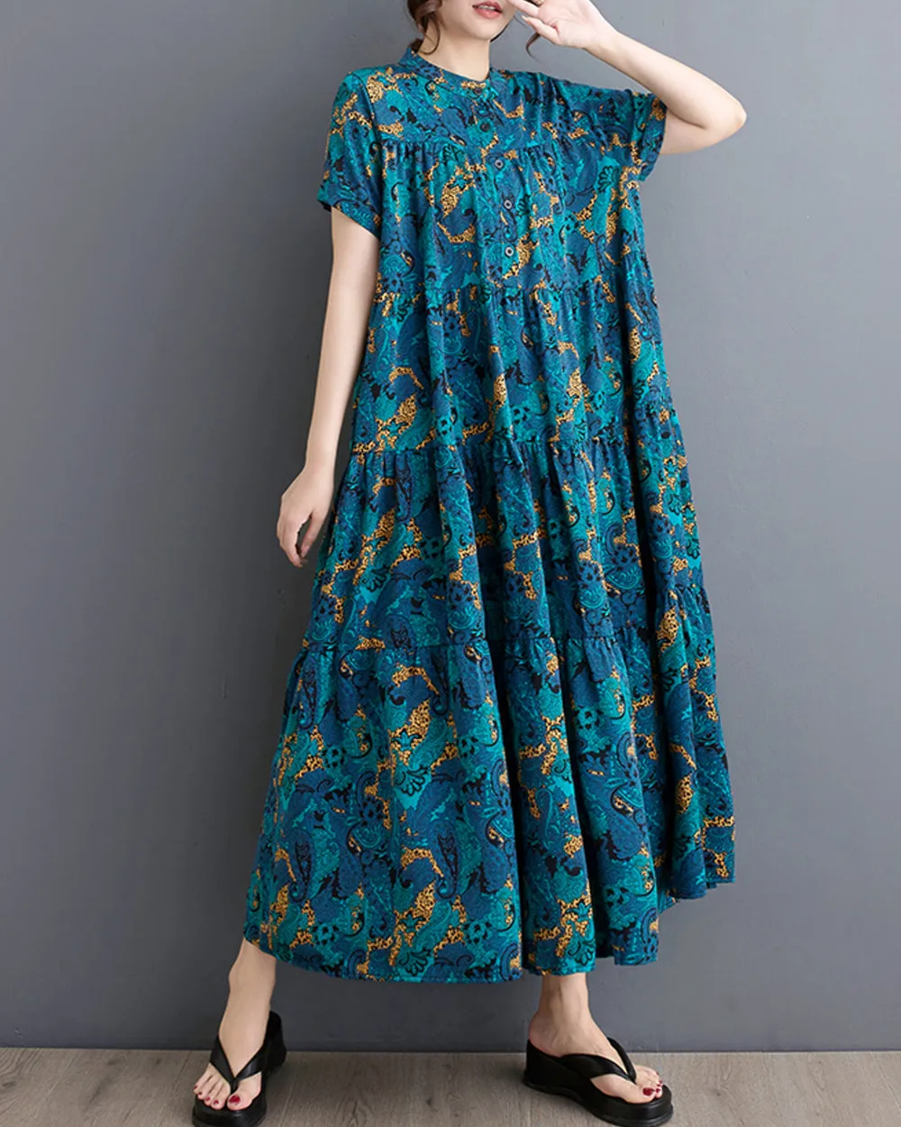 ellazhu Women's Short Sleeves Floral Print Maxi Length Casual Flowy Hem Dress GZ197