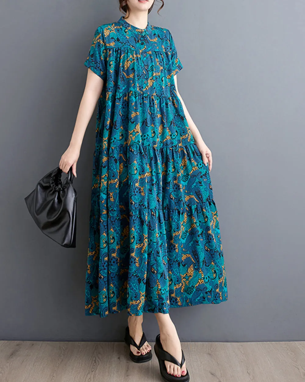 ellazhu Women's Short Sleeves Floral Print Maxi Length Casual Flowy Hem Dress GZ197
