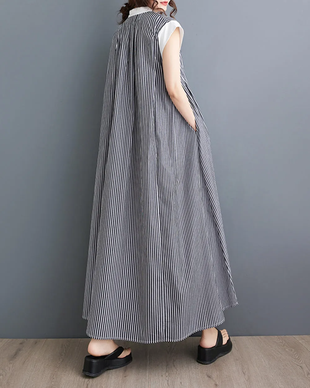 ellazhu Women's Short Sleeves Maxi Length Stripe V-Neck Casual Shirt Dress GZ174