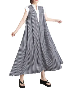 ellazhu Women's Short Sleeves Maxi Length Stripe V-Neck Casual Shirt Dress GZ174