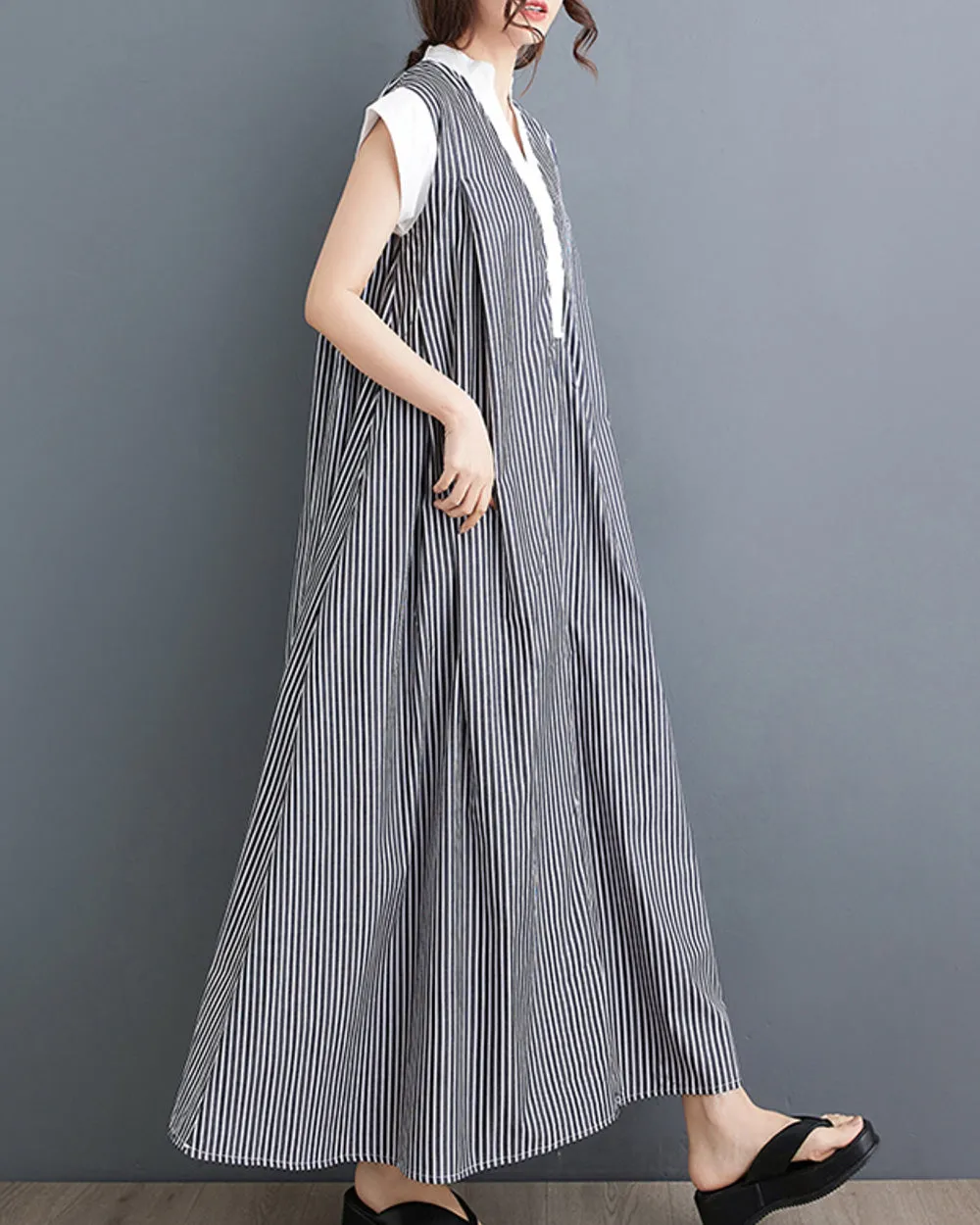 ellazhu Women's Short Sleeves Maxi Length Stripe V-Neck Casual Shirt Dress GZ174