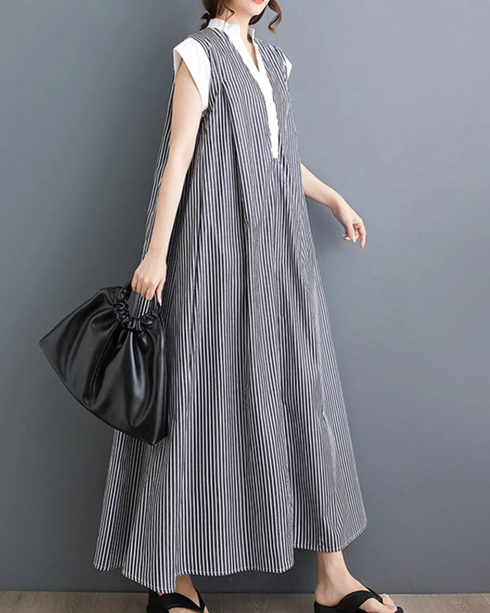 ellazhu Women's Short Sleeves Maxi Length Stripe V-Neck Casual Shirt Dress GZ174