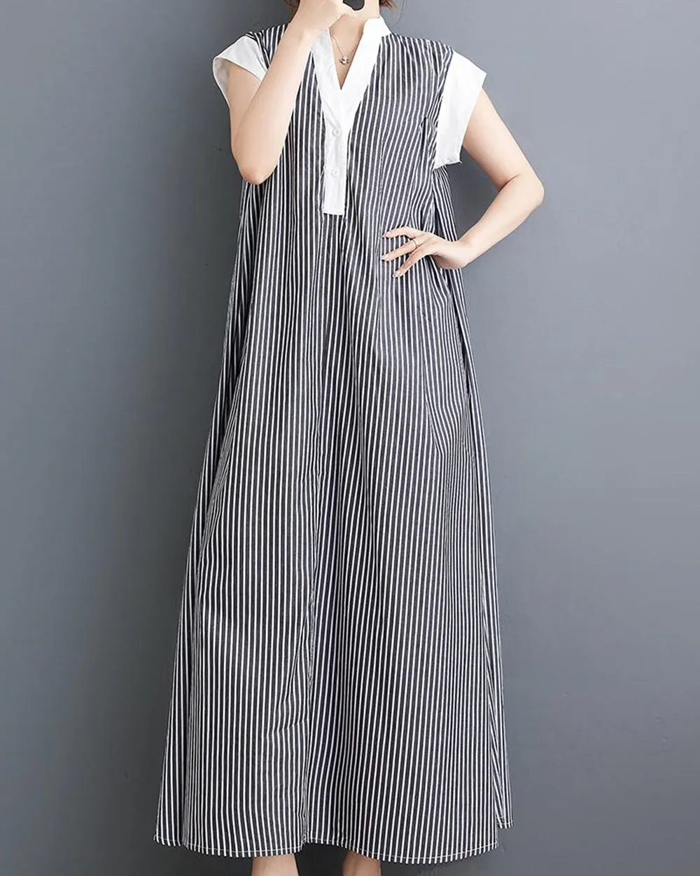 ellazhu Women's Short Sleeves Maxi Length Stripe V-Neck Casual Shirt Dress GZ174