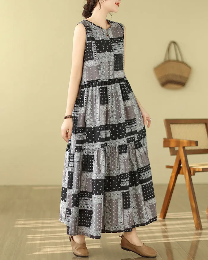 ellazhu Women's Sleeveless Maxi Length Casual Color Block Floral Print Dress GA2729
