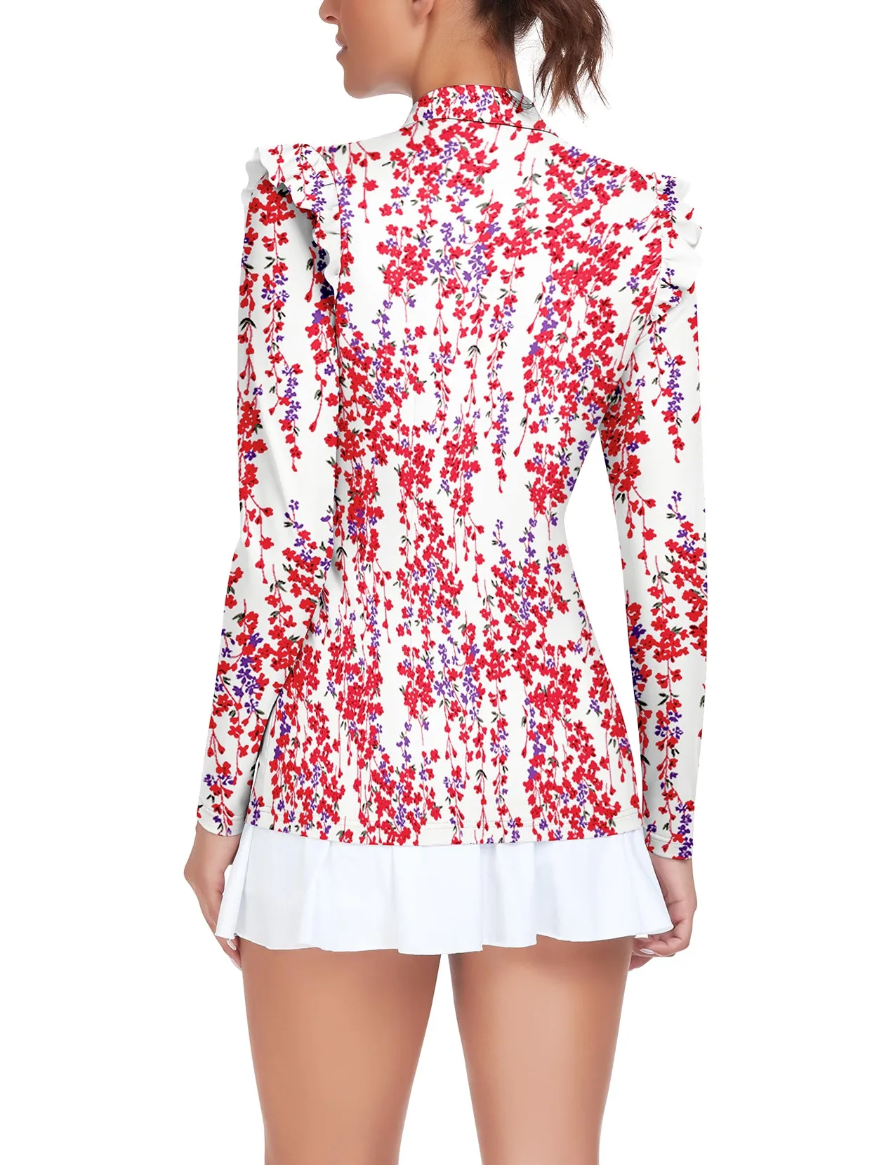 Floral Ruffle Shoulder Long-sleeve Polo Shirt For Ladies